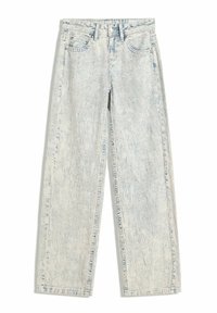 Vaaleansiniset suorat farkut, joissa on haalistunut, teksturoitu kuvio. Varustettu viidellä taskulla ja nappisulkimella. Valmistettu denimmateriaalista.