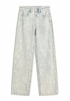 Jeans dritti di colore azzurro chiaro con un motivo scolorito e testurizzato. Presentano cinque tasche e una chiusura con bottoni. Realizzati in material denim.