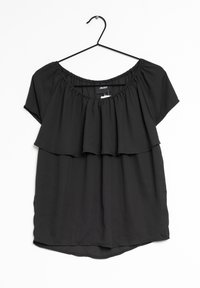 Schwarzes, kurzärmliges Oberteil mit elastischem Ausschnitt und geschichteter Rüschengestaltung. Hergestellt aus leichtem Stoff, mit abgerundetem Saum.