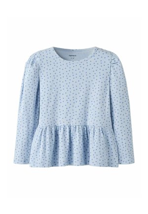 Hellblaues Baby-Oberteil mit langen Ärmeln, kleinen dunkelblauen Punkten, rundem Ausschnitt und gerüschtem Saum an der Taille.