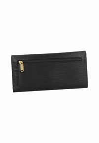 Portefeuille rectangulaire noir en matériau texturé, doté d'une fermeture éclair dorée et d'un profil mince adapté pour les cartes et les billets.