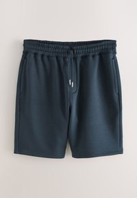 Temno modri kratki trenerki iz gladkega, mehkega materiala. Imajo elastičen pas z vrvico, stranske žepe in sproščen kroj.