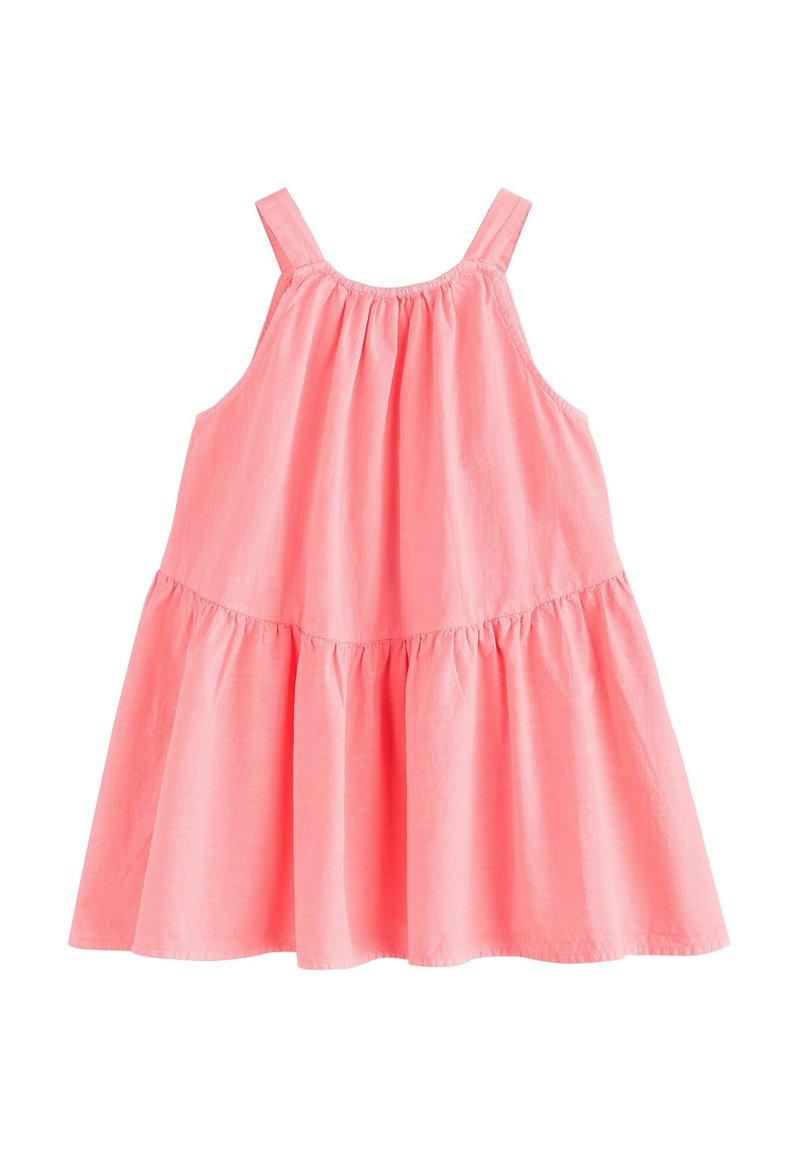 Vestido sin mangas de color rosa con un cuerpo fruncido, falda en capas y tirantes delgados. Fabricado en un tejido ligero con una textura suave.