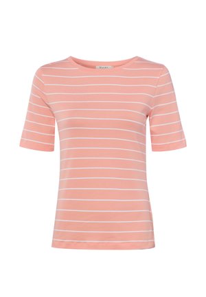 Pinkes T-Shirt mit kurzen Ärmeln, schmalen weißen horizontalen Streifen und rundem Ausschnitt.