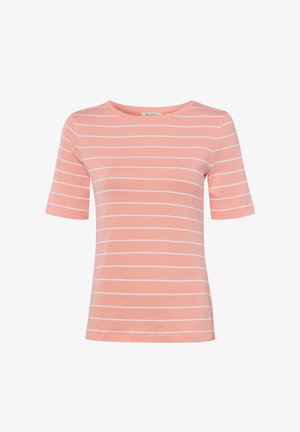 Pinkes T-Shirt mit kurzen Ärmeln, schmalen weißen horizontalen Streifen und rundem Ausschnitt.
