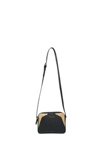 Borsa a tracolla nera in ecopelle con un'accente stampato beige, chiusura con zip, tracolla regolabile e dettagli in oro del logo sulla parte anteriore.