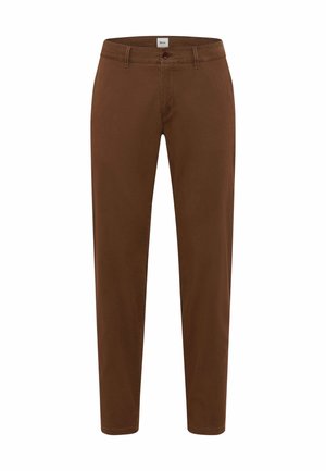 Bruine chino's van katoen, met een rechte pijpdesign, een knoopsluiting en subtiele stikdetails langs de naden.