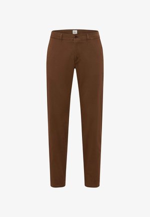 Brown chinos made from cotton, featuring a straight leg design, a button closure, and subtle stitching details along the seams.