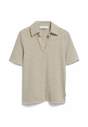 Beiges Kurzarm-Hemd mit Knopfleiste, dünnen schwarzen horizontalen Streifen und spitzem Kragen.