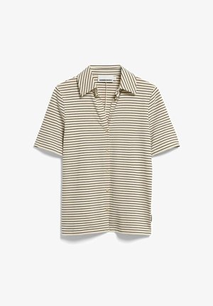 Chemise beige à manches courtes avec boutons, rayures horizontales fines noires et col pointu.