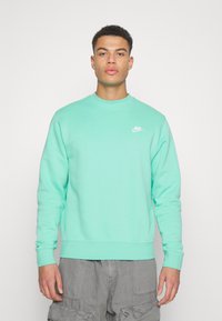 Sweatshirt verde menta com decote redondo, punhos e bainha canelados. Apresenta o logótipo branco da Nike no peito. Textura de tecido suave.