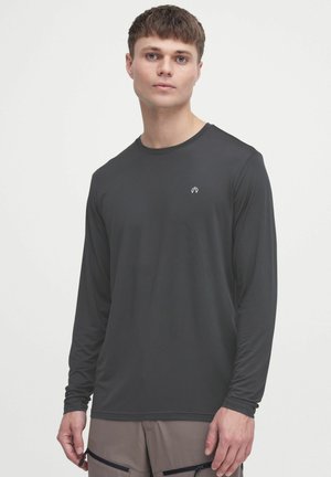 Langarmshirt in Dunkelgrau, aus glattem Stoff. Mit Rundhalsausschnitt und kleinem Logo auf der Brust. Normale Passform.