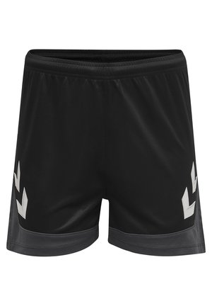 Black athletic shorts with a mesh texture, featuring silver geometric accents on the sides and an elastic waistband for comfort.