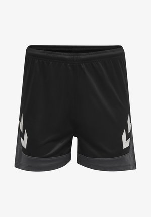 Shorts de sport noirs avec une texture en maille, présentant des accents géométriques argentés sur les côtés et une taille élastique pour le confort.