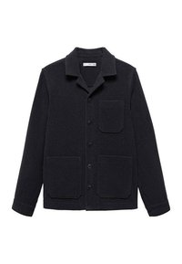 Chaqueta de mezcla de lana gris oscuro que cuenta con un cuello, seis botones frontales, dos grandes bolsillos delanteros y un bolsillo único en el pecho.