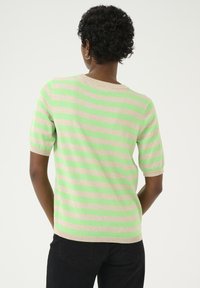Green and beige striped sweater with short sleeves, crew neck, soft texture, and a fitted silhouette. Back view shows sleeve length and pattern.