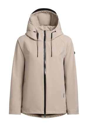 Beige waterproof jacket with a high collar and adjustable hood. Features a black front zipper and subtle stitching details.
