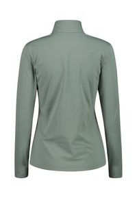 Langærmet beklædningsgenstand i lysegrønt stof med en faux krave. Glat tekstur, enkelt design og uden synlige lukninger eller mønstre.