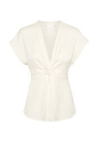 Top bianco a maniche corte con scollatura a V profonda e dettaglio annodato sul davanti. Tessuto morbido e testurizzato con una vestibilità ampia e fluida.
