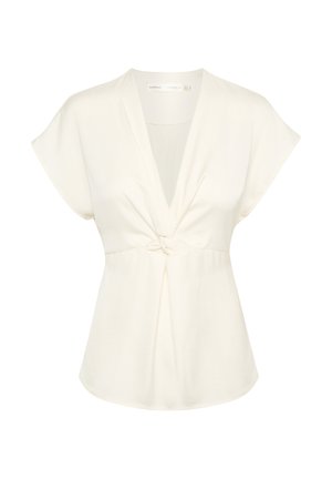 Top bianco a maniche corte con scollatura a V profonda e dettaglio annodato sul davanti. Tessuto morbido e testurizzato con una vestibilità ampia e fluida.