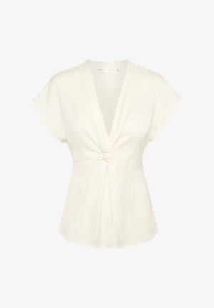Top alb cu mânecă scurtă, având un decolteu adânc în V și un detaliu cu răsucire în față. Material moale, texturat, cu un croi lejer și fluid.