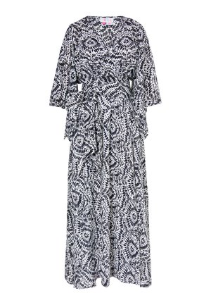 Abito maxi in un motivo astratto bianco e nero; presenta un design avvolgente, maniche ampie e una vita legata per una vestibilità regolabile. Lunghezza regolabile.