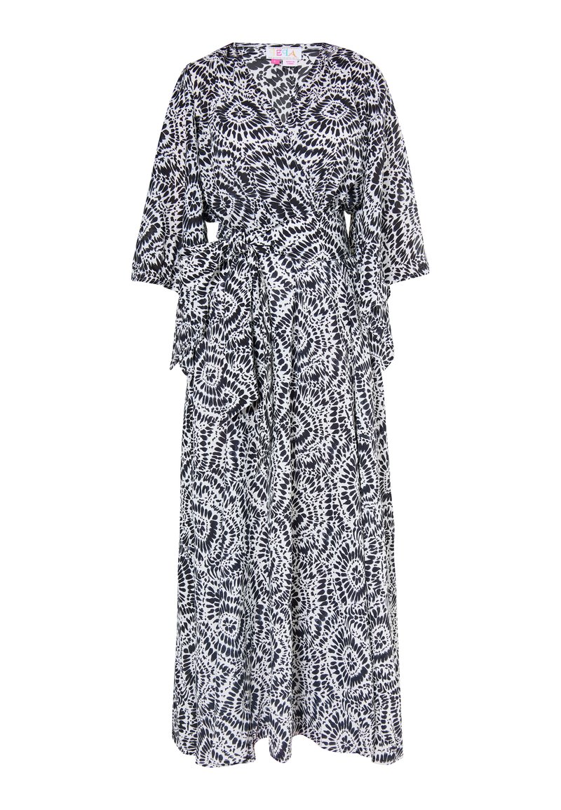 Rochie maxi cu un model abstract alb-negru; prezintă un design tip wrap, mâneci largi și o talie legată pentru o potrivire ajustabilă. Lungime ajustabilă.