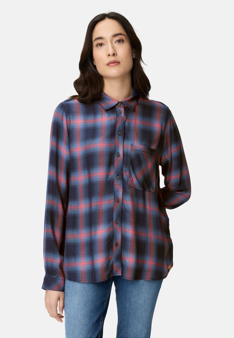 Long-sleeve plaid shirt in dark blue with red and light blue checks, button closure, collar, and single pocket on the chest. Soft fabric.