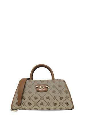 Sac à main en tissu à motifs beige et marron, présentant un design structuré, deux poignées et une plaque logo avec des éléments en or.