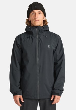 Black waterproof jacket with a zip front, adjustable hood, and elastic cuffs. Features a small logo on the chest and two side pockets.