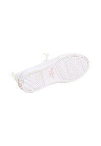Sneaker bianca con una suola in gomma testurizzata, caratterizzata da un classico motivo a zigzag. Presenta un logo minimalista in rosa sul lato.