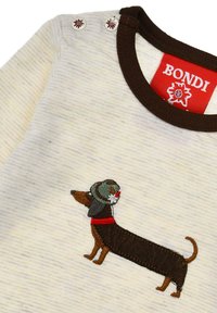 Cotton long-sleeve shirt with a light striped pattern, featuring a brown embroidered dachshund and two decorative buttons on the shoulder.