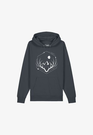 Dunkelgrauer Hoodie mit einer Fronttasche und einem hexagonalen Grafikdesign mit Bergen, Geweihen und himmlischen Elementen in Weiß.