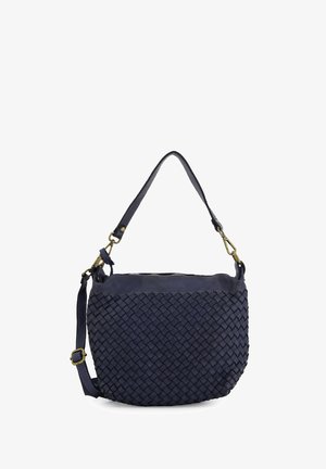 Navyblaues gewebtes Lederhandtasche mit glattem Oberteil, verstellbarem Riemen und Messingbeschlägen. Runde Form mit strukturierten Oberflächen und genähten Akzenten.