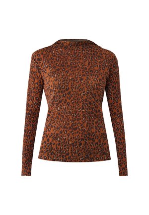 Camiseta de manga larga con estampado de leopardo y cuello redondo, que presenta un diseño texturizado en tonos marrones y negros, hecha de una tela ligera.