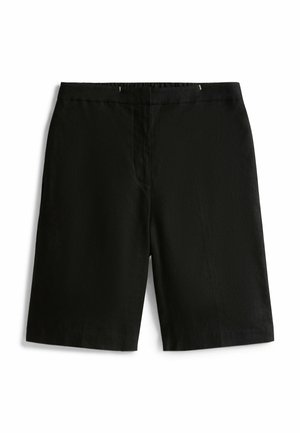 Pantaloni corti neri realizzati in tessuto leggero, con taglio dritto, cintura elastica e senza tasche. Texture liscia e con cuciture minime.