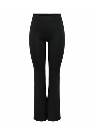 Pantalon noir taille haute avec jambe évasée et large ceinture élastique, présenté sur fond blanc.