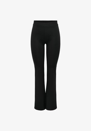 Pantalon noir taille haute avec jambe évasée et large ceinture élastique, présenté sur fond blanc.