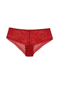 Sous-vêtement en dentelle rouge avec un motif floral, des bords festonnés et un petit nœud à l'avant. Texture douce et semi-transparente.