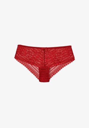 Rote Spitzenunterwäsche mit Blumenmuster, gewellten Kanten und einer kleinen Schleifenverzierung vorne. Weiche, halbtransparente Textur.