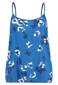 Camisola blu con spalline sottili, caratterizzata da motivi floreali bianchi e blu scuro con piccoli accenti rosa.