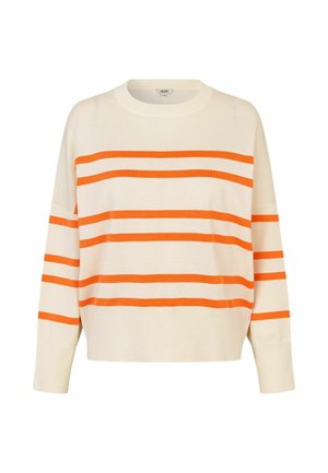 Maglione crema con strisce orizzontali arancioni, scollo ampio e spalle abbassate. Tessuto morbido, vestibilità rilassata e maniche di lunghezza media.