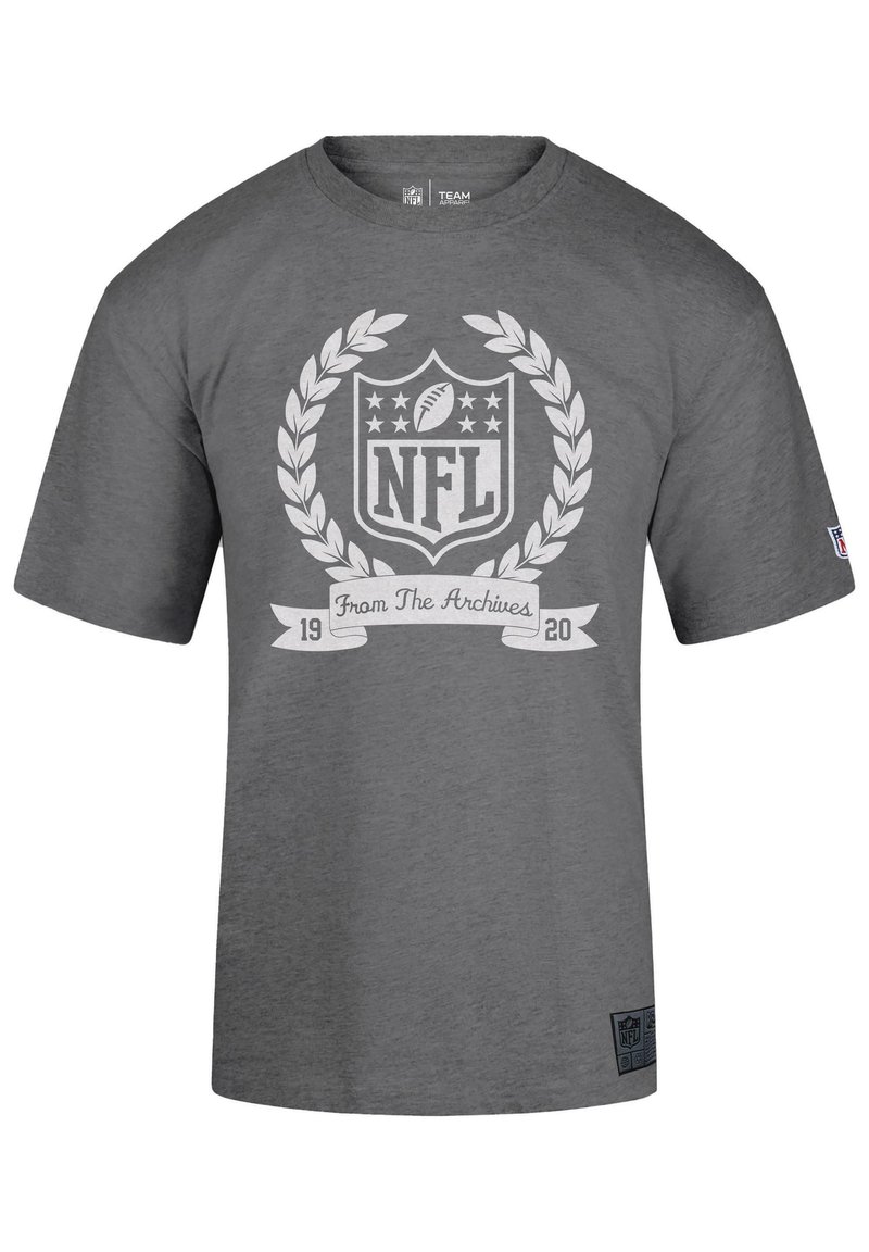 Gray short-sleeve t-shirt made of soft fabric, featuring a white NFL logo within laurel leaves and the text "From The Archives 19 20."