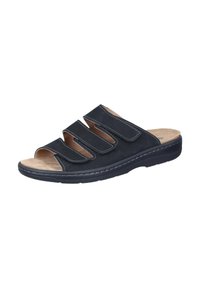 Schwarze Ledersandale zum Hineinschlüpfen mit drei Aussparungen am Obermaterial, gepolsterter Innensohle und Ziernähten entlang der Sohle. Gummisohle für rutschfesten Halt.