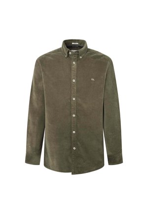Olive green corduroy shirt with a button-down collar, featuring a small embroidered logo and white buttons along the front placket.