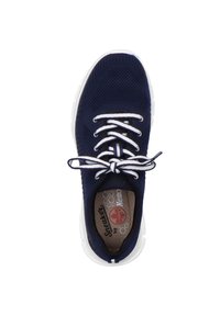 Baskets en maille bleu marine avec des lacets blancs et une semelle en caoutchouc. Présente une surface texturée et une semelle intérieure rembourrée avec un logo.