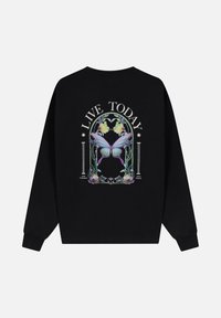 Zwarte sweatshirt met een grote graphic van een vlinder en bloemenontwerp op de achterkant, met de tekst "LEEF VANDAAG" in vette letters.