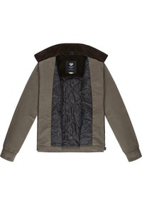 Chaqueta con collar de pana marrón, exterior gris y forro negro acolchado, que cuenta con cierre de cremallera y dos bolsillos laterales.