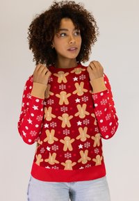 Red sweater with gingerbread, snowflake, and star patterns. Ribbed neckline and cuffs. Soft fabric, relaxed fit, and long sleeves.