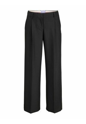 Zwarte, op maat gemaakte rechte broek met riemlussen en voorvouwen, weergegeven op een effen witte achtergrond.